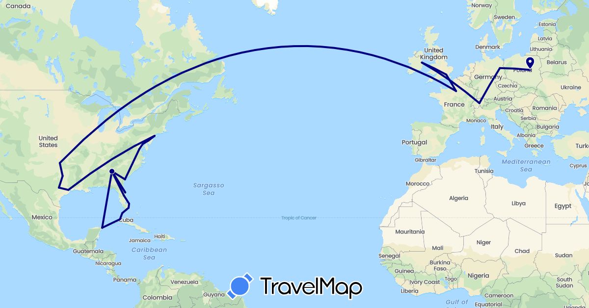 TravelMap itinerary: driving in Switzerland, Cuba, Germany, France, United Kingdom, Ireland, Mexico, Poland, United States (Europe, North America)